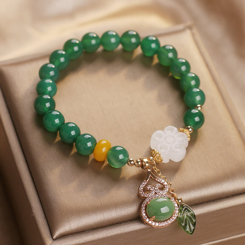 Buddha Stones Bracelet de soutien avec breloque fleur, calebasse et feuille en agate verte et jade blanc - image 4