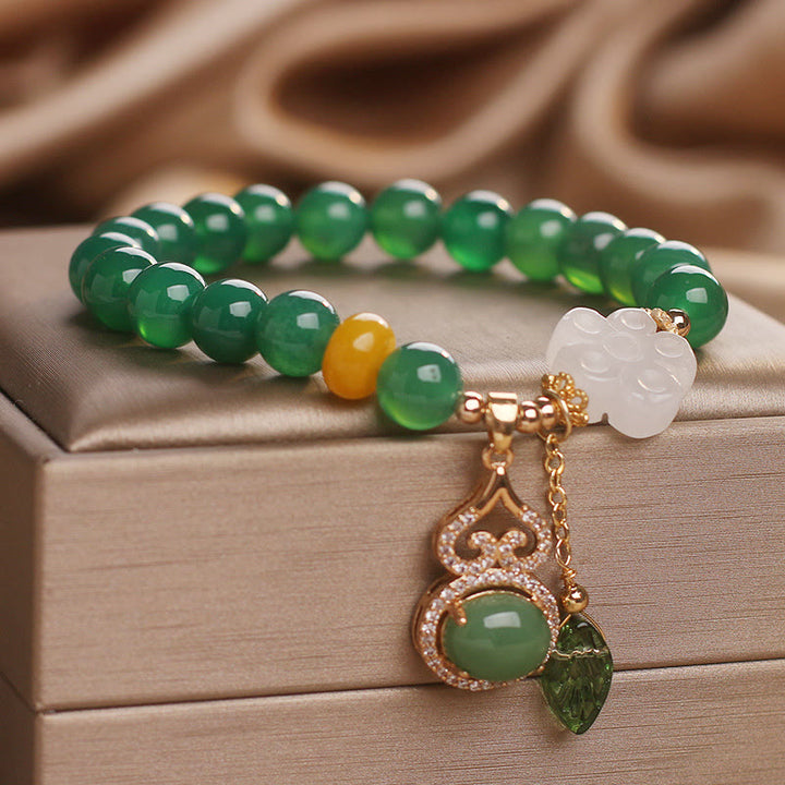 Buddha Stones Bracelet de soutien avec breloque fleur, calebasse et feuille en agate verte et jade blanc - image 3