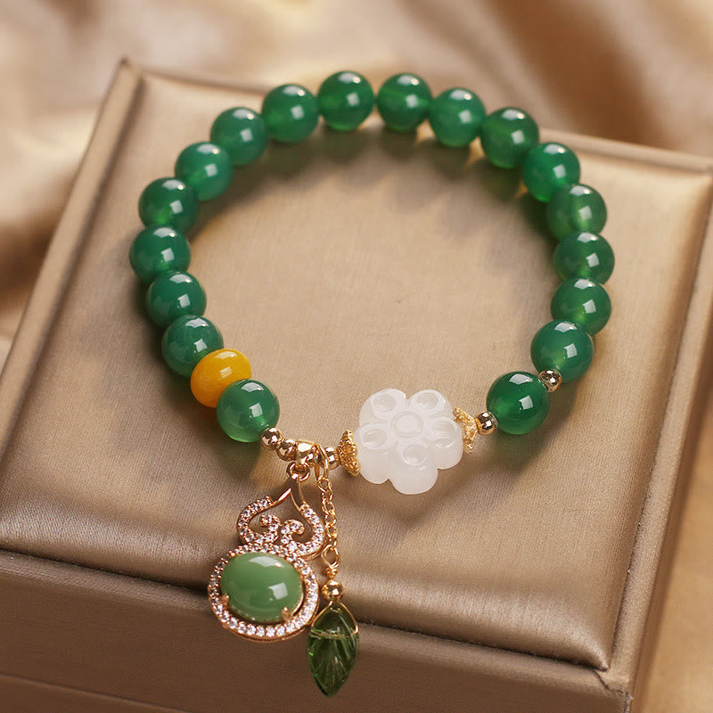 Buddha Stones Bracelet de soutien avec breloque fleur, calebasse et feuille en agate verte et jade blanc - image 7