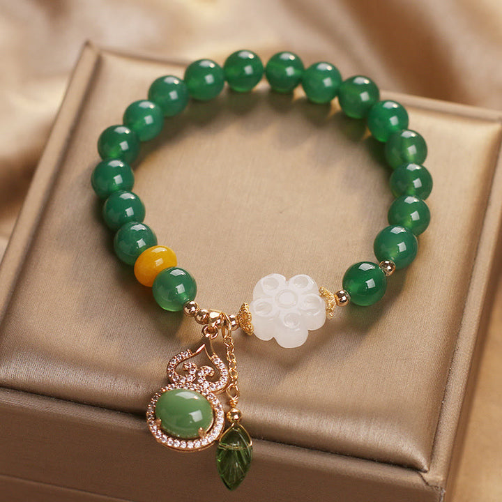 Buddha Stones Bracelet de soutien avec breloque fleur, calebasse et feuille en agate verte et jade blanc - image 7