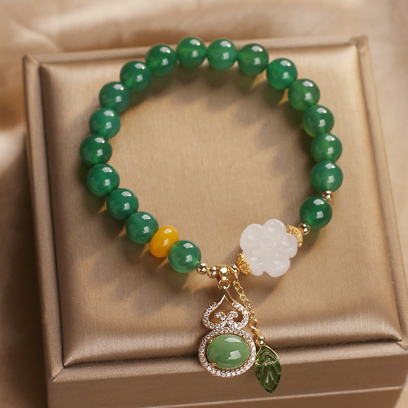 Buddha Stones Bracelet de soutien avec breloque fleur, calebasse et feuille en agate verte et jade blanc - image 1