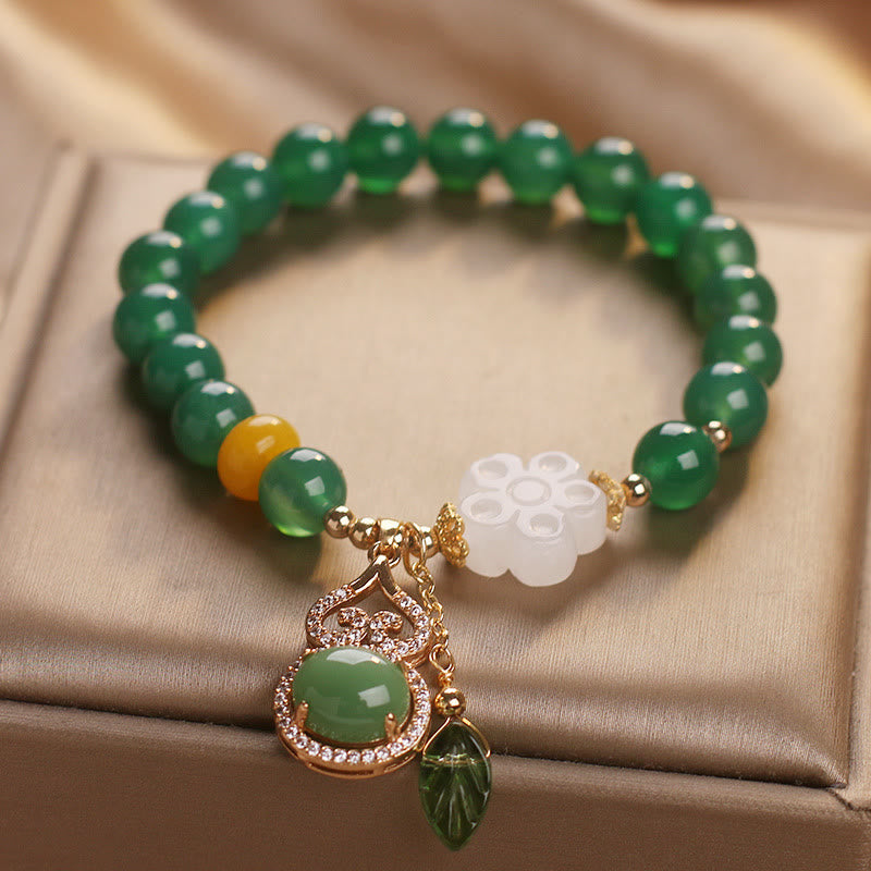 Buddha Stones Bracelet de soutien avec breloque fleur, calebasse et feuille en agate verte et jade blanc - image 2