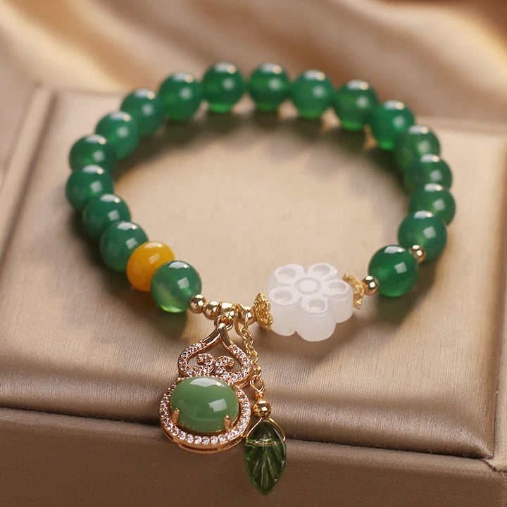 Buddha Stones Bracelet de soutien avec breloque fleur, calebasse et feuille en agate verte et jade blanc - image 2