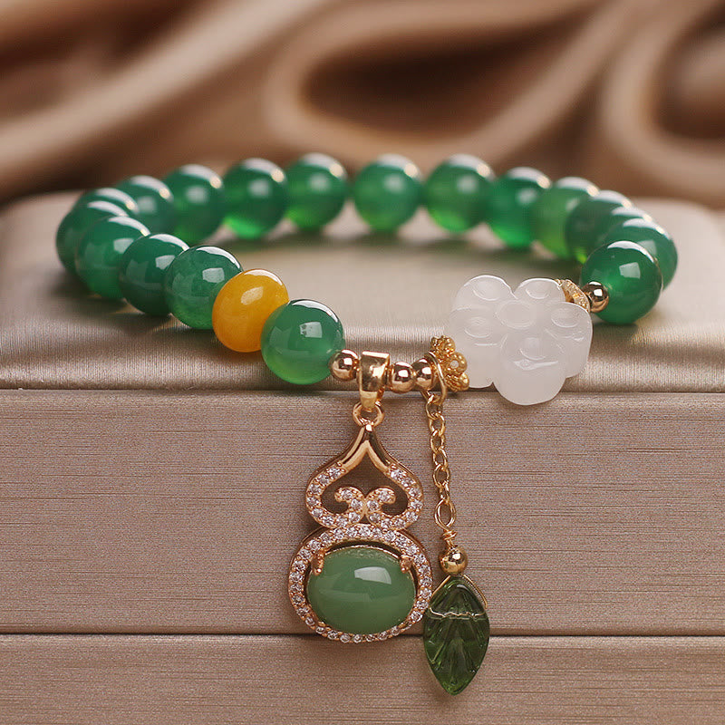 Buddha Stones Bracelet de soutien avec breloque fleur, calebasse et feuille en agate verte et jade blanc - image 8