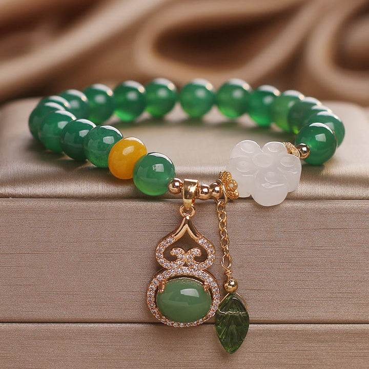 Buddha Stones Bracelet de soutien avec breloque fleur, calebasse et feuille en agate verte et jade blanc - image 8
