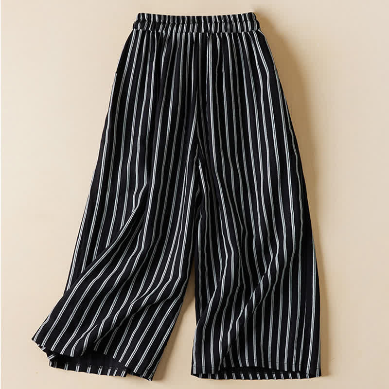Buddha Stones Pantalon court à jambes larges et taille élastique pour femme, avec poches - image 1