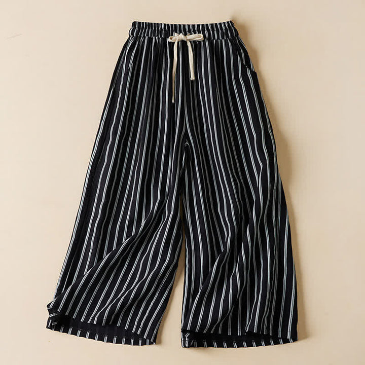 Buddha Stones Pantalon court à jambes larges et taille élastique pour femme, avec poches - Noir - US8-10，UK/AU12-14，EU40-42 (2XL) - image 0