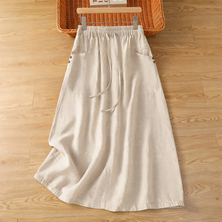 Buddha Stones Jupes unies à cordon de serrage et poches, style printemps décontracté, pour femmes - Lin - US8-10，UK/AU12-14，EU40-42 (2XL) - image 0