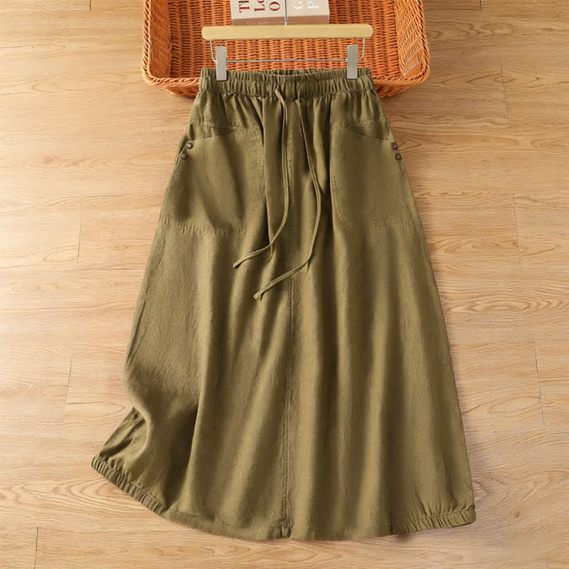 Buddha Stones Jupes unies à cordon de serrage et poches, style printemps décontracté, pour femmes - Vert olive - US8-10，UK/AU12-14，EU40-42 (2XL) - image 13