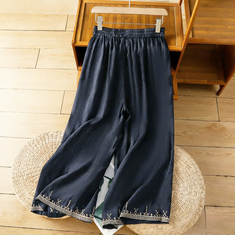 Buddha Stones Pantalon d'été bohème brodé, jambes larges, avec poches, pour femme - Bleu nuit - US8-10，UK/AU12-14，EU40-42 (2XL) - image 0