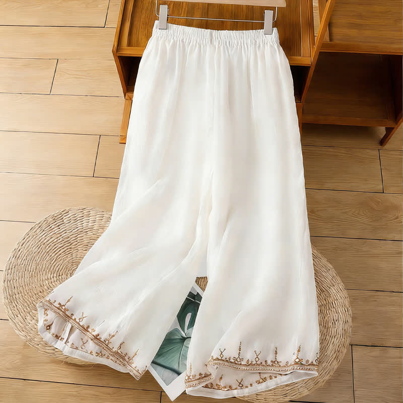 Buddha Stones Pantalon d'été bohème brodé, jambes larges, avec poches, pour femme - image 7