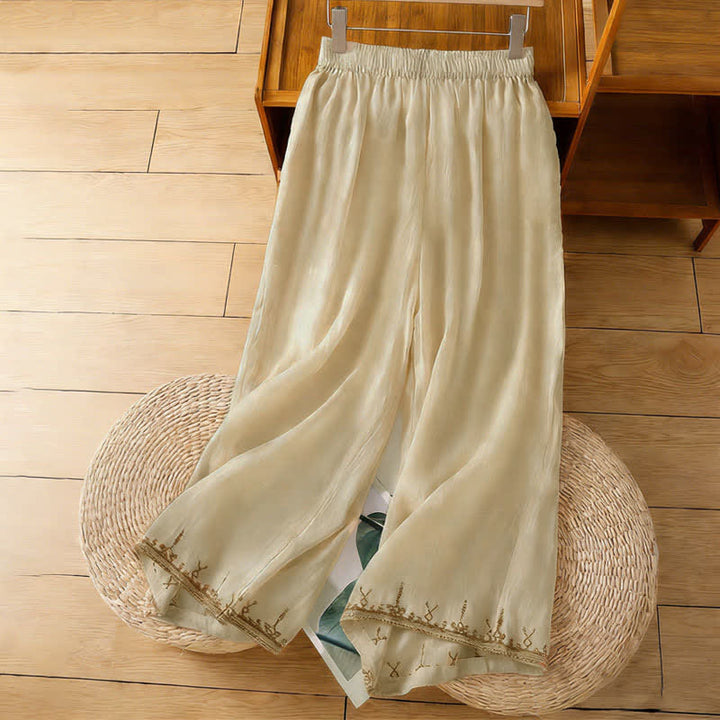 Buddha Stones Pantalon d'été bohème brodé, jambes larges, avec poches, pour femme - Amandes blanchies - US8-10，UK/AU12-14，EU40-42 (2XL) - image 15
