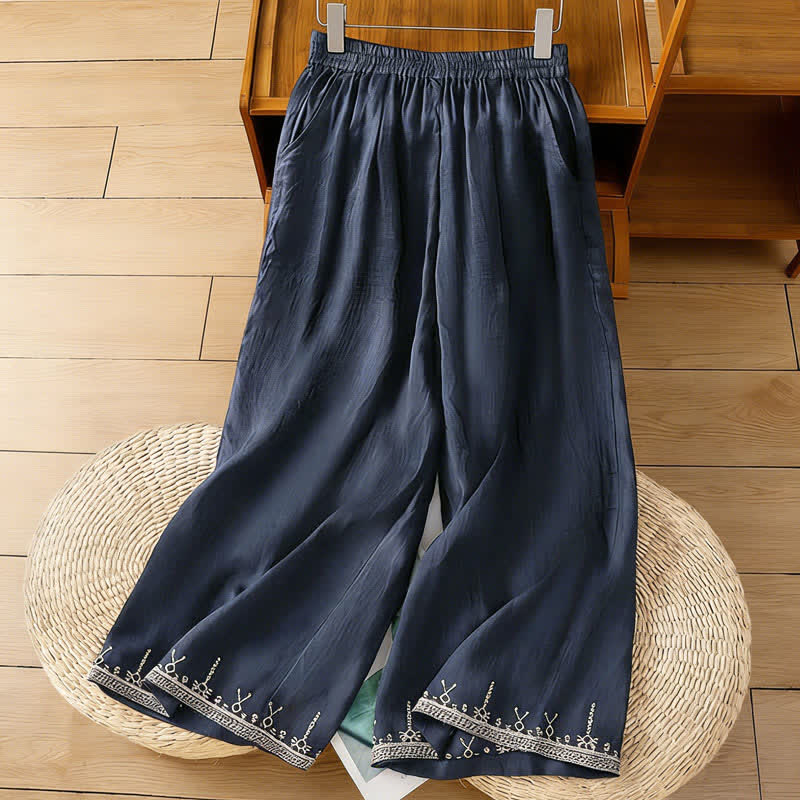 Buddha Stones Pantalon d'été bohème brodé, jambes larges, avec poches, pour femme - image 1