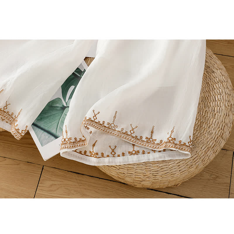 Buddha Stones Pantalon d'été bohème brodé, jambes larges, avec poches, pour femme - image 9