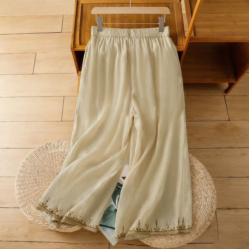 Buddha Stones Pantalon d'été bohème brodé, jambes larges, avec poches, pour femme - image 14