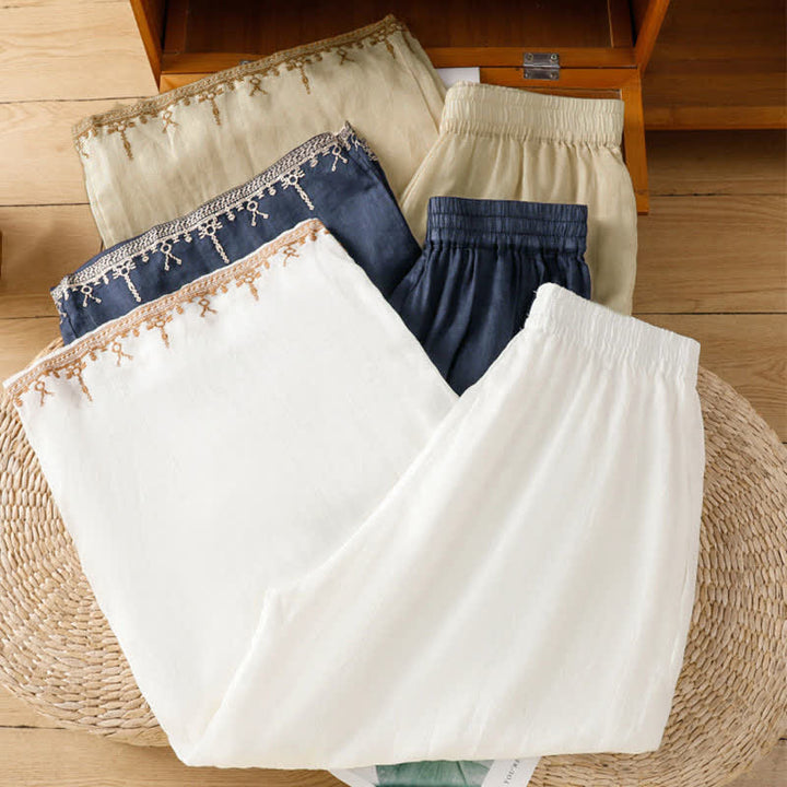 Buddha Stones Pantalon d'été bohème brodé, jambes larges, avec poches, pour femme - image 24