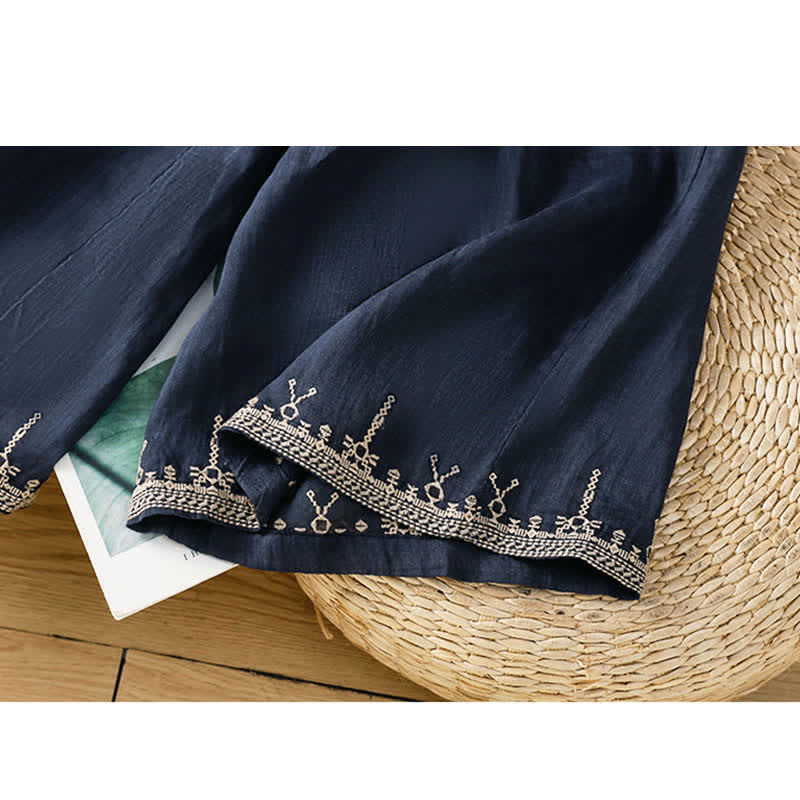 Buddha Stones Pantalon d'été bohème brodé, jambes larges, avec poches, pour femme - image 5