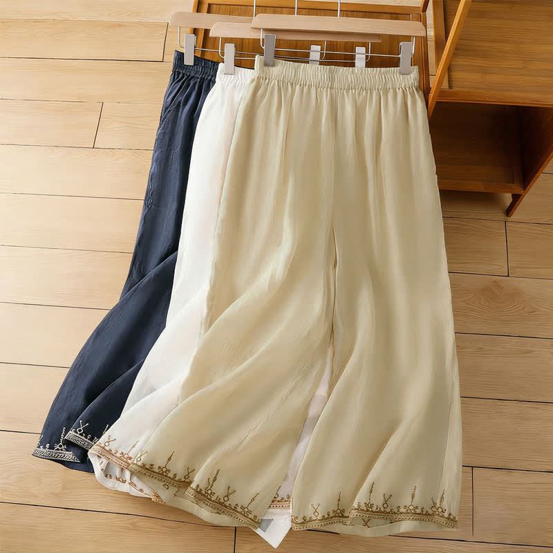 Buddha Stones Pantalon d'été bohème brodé, jambes larges, avec poches, pour femme - image 25