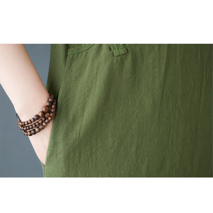 Buddha Stones Robe d'été minimaliste en lin uni, manches courtes, col mandarin, boutons noués et poches, avec col mandarin et poches - image 8