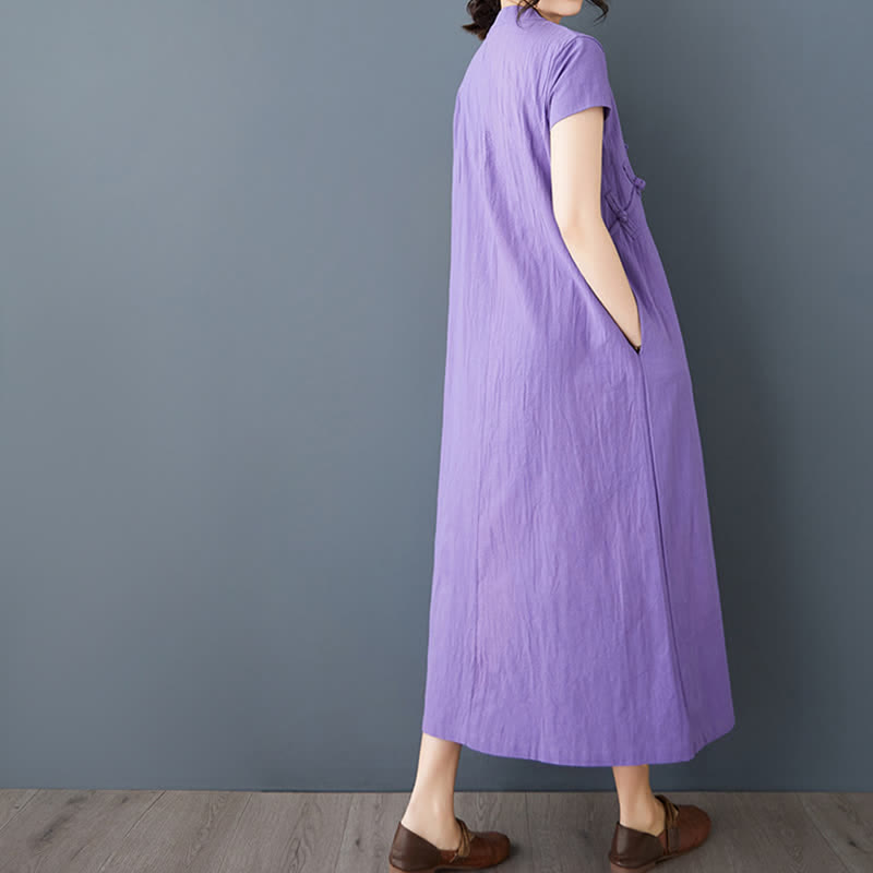 Buddha Stones Robe d'été minimaliste en lin uni, manches courtes, col mandarin, boutons noués et poches, avec col mandarin et poches - image 12