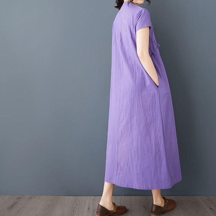 Buddha Stones Robe d'été minimaliste en lin uni, manches courtes, col mandarin, boutons noués et poches, avec col mandarin et poches - image 12