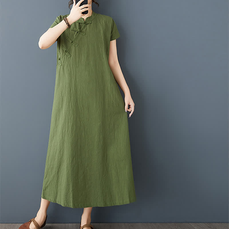 Buddha Stones Robe d'été minimaliste en lin uni, manches courtes, col mandarin, boutons noués et poches, avec col mandarin et poches - Vert olive - US8-10，UK/AU12-14，EU40-42 (XL) - image 0