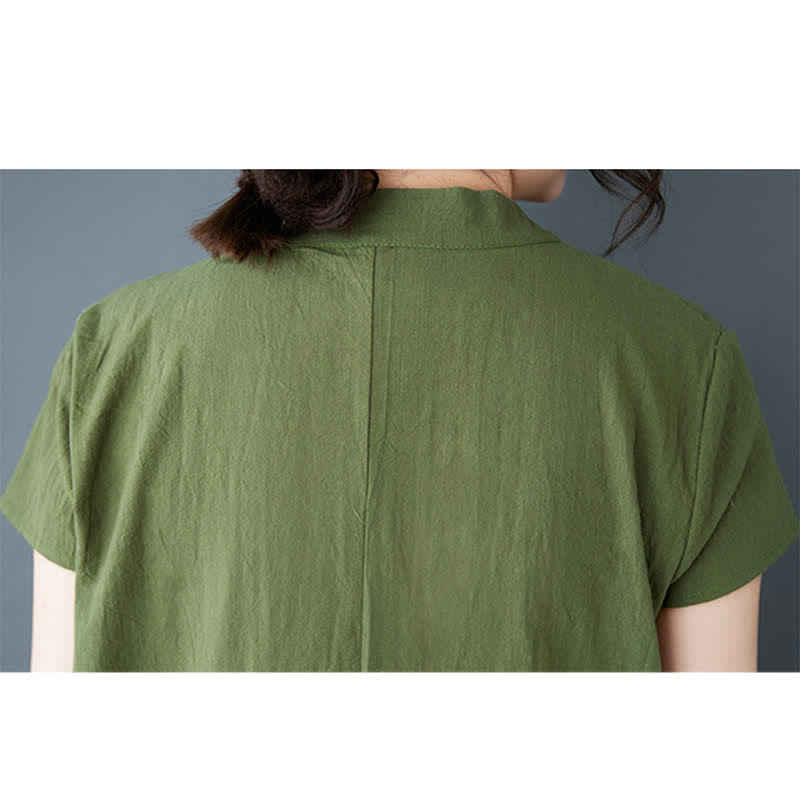 Buddha Stones Robe d'été minimaliste en lin uni, manches courtes, col mandarin, boutons noués et poches, avec col mandarin et poches - image 7