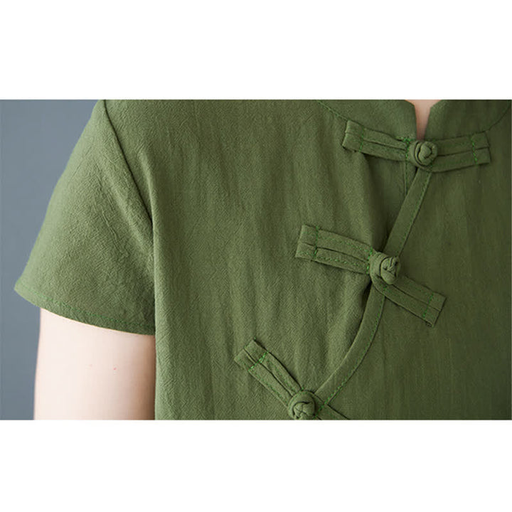 Buddha Stones Robe d'été minimaliste en lin uni, manches courtes, col mandarin, boutons noués et poches, avec col mandarin et poches - image 6
