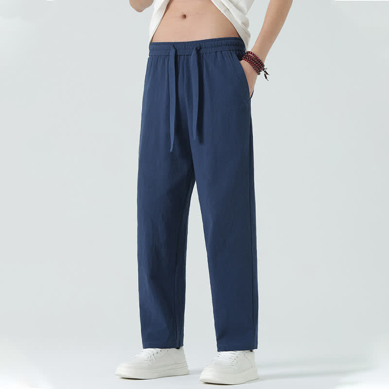 Buddha Stones Pantalon droit d'été minimaliste en coton pour homme, taille élastique et poches - Bleu nuit - US/UK/AU46，EU56 (5XL) - image 0