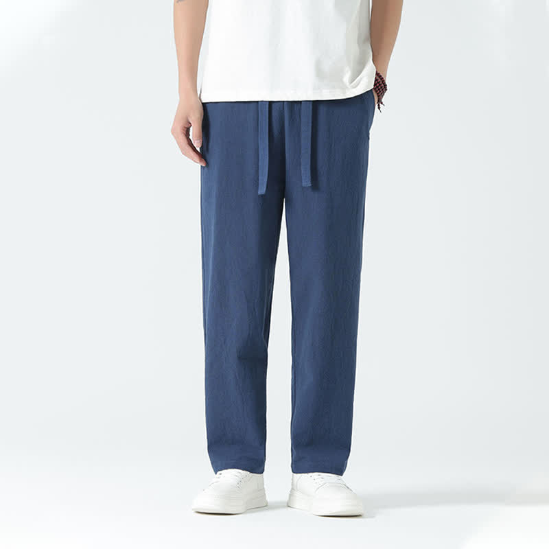 Buddha Stones Pantalon droit d'été minimaliste en coton pour homme, taille élastique et poches - image 1