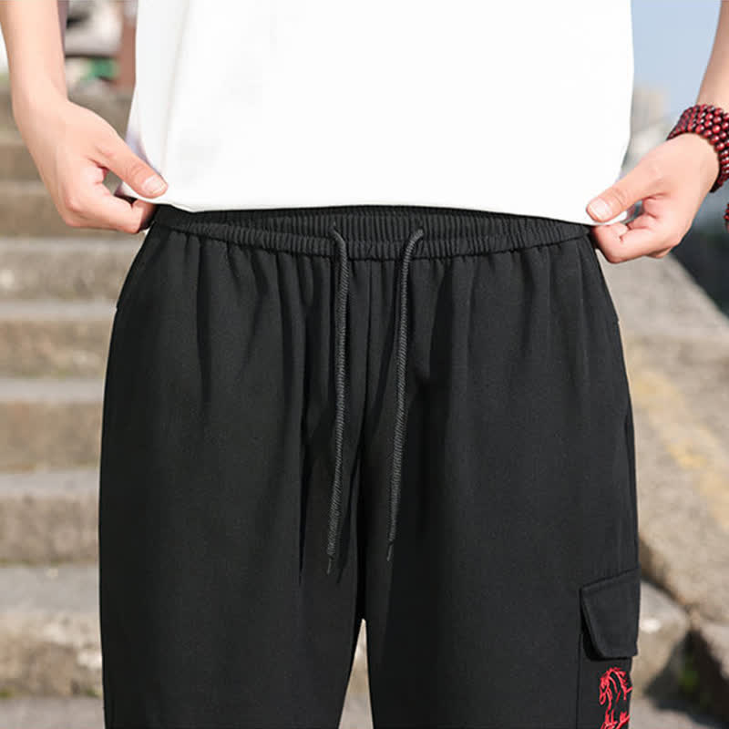 Buddha Stones Pantalon harem d'été décontracté pour homme, à cordon de serrage, brodé et avec poches - image 10