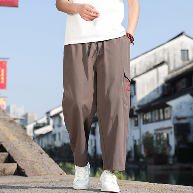 Buddha Stones Pantalon harem d'été décontracté pour homme, à cordon de serrage, brodé et avec poches - DarkKhaki - US/UK/AU46，EU56 (5XL) - image 13