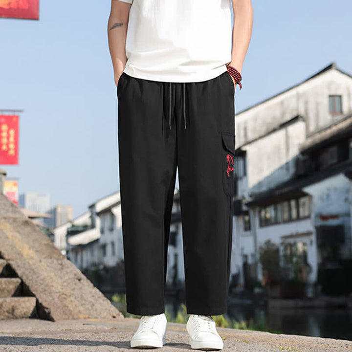 Buddha Stones Pantalon harem d'été décontracté pour homme, à cordon de serrage, brodé et avec poches - image 7