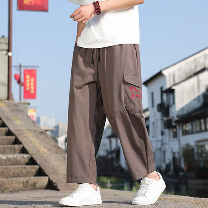 Buddha Stones Pantalon harem d'été décontracté pour homme, à cordon de serrage, brodé et avec poches - image 16
