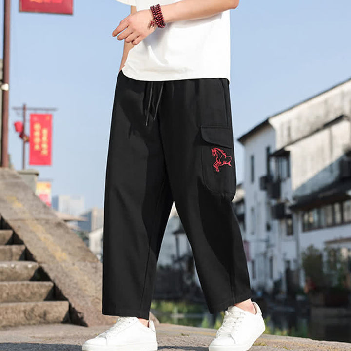 Buddha Stones Pantalon harem d'été décontracté pour homme, à cordon de serrage, brodé et avec poches - image 1