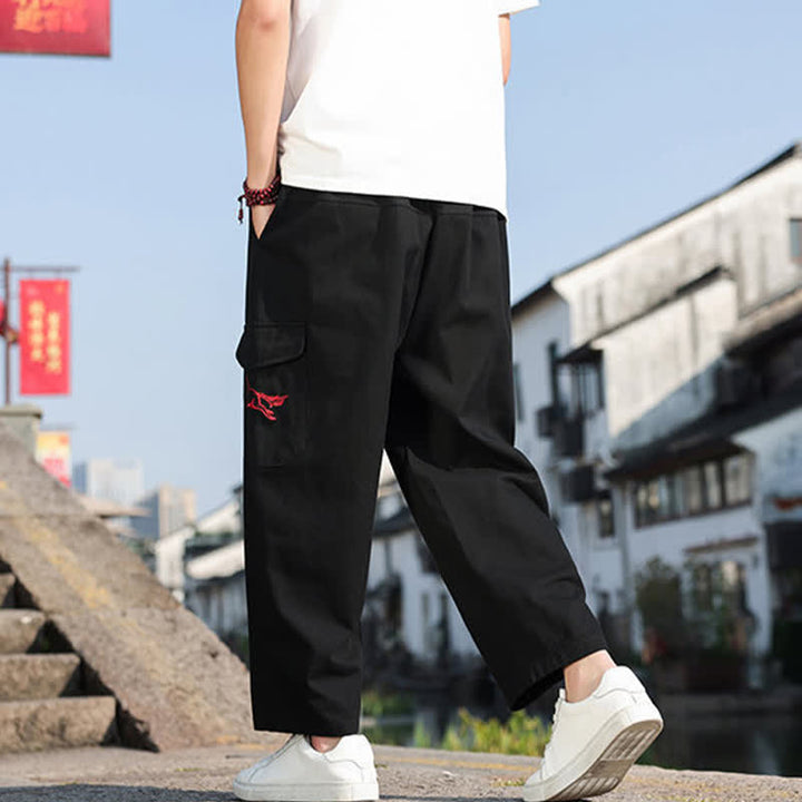 Buddha Stones Pantalon harem d'été décontracté pour homme, à cordon de serrage, brodé et avec poches - image 3