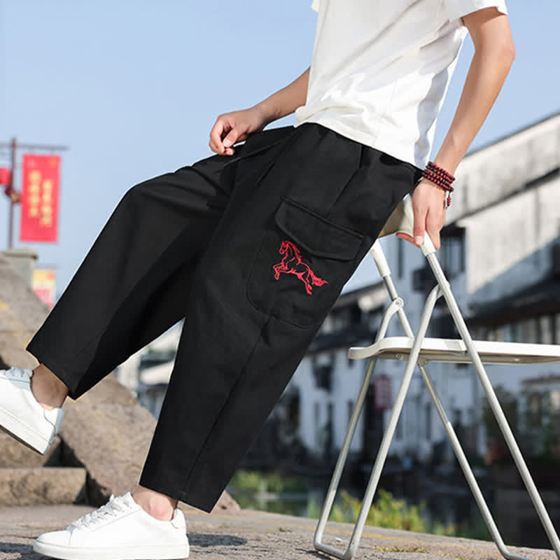Buddha Stones Pantalon harem d'été décontracté pour homme, à cordon de serrage, brodé et avec poches - image 8