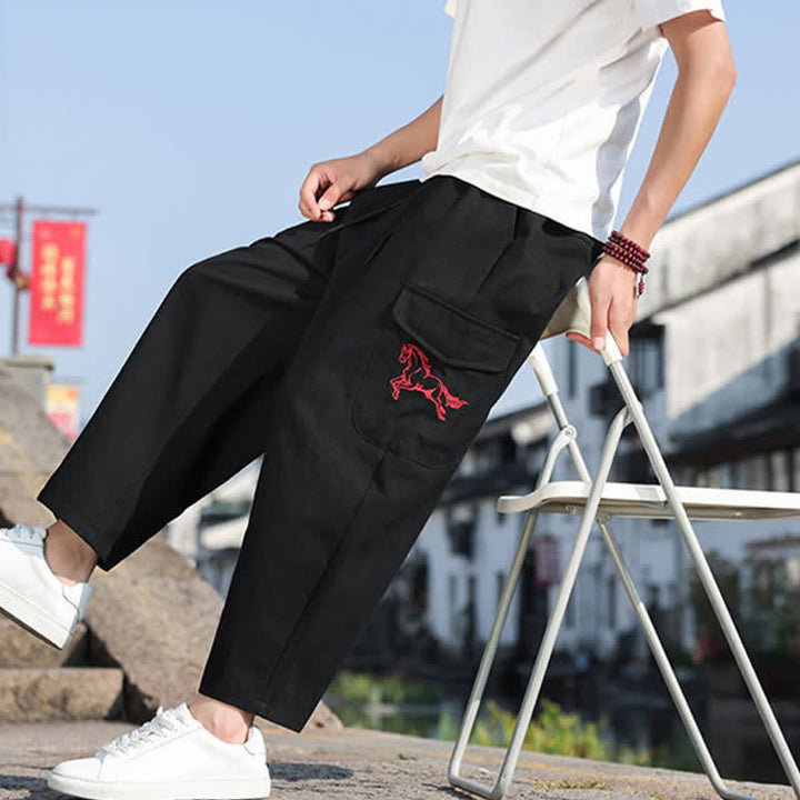 Buddha Stones Pantalon harem d'été décontracté pour homme, à cordon de serrage, brodé et avec poches - image 8