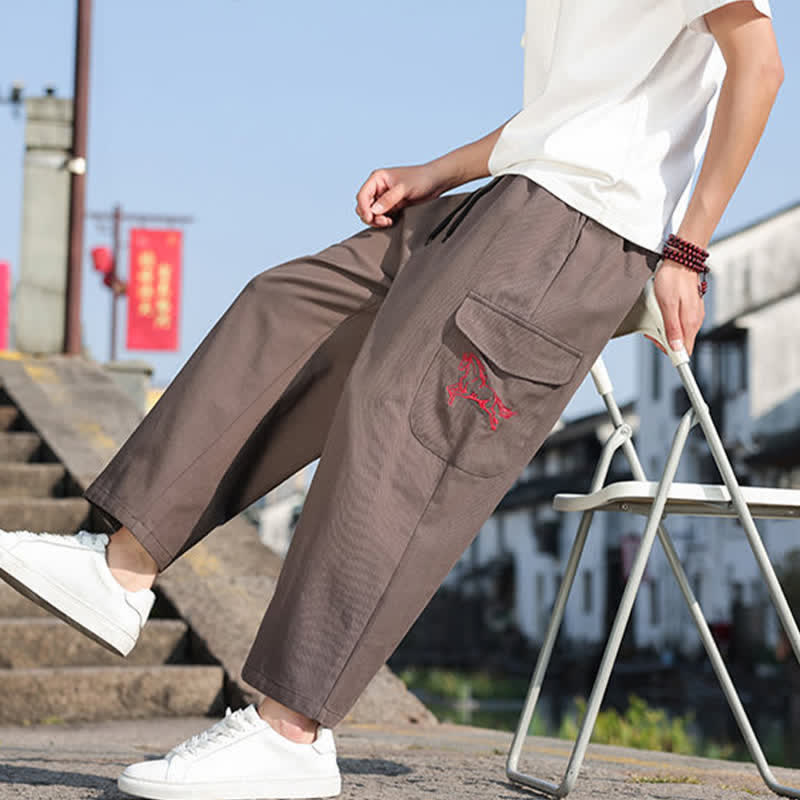 Buddha Stones Pantalon harem d'été décontracté pour homme, à cordon de serrage, brodé et avec poches - image 20
