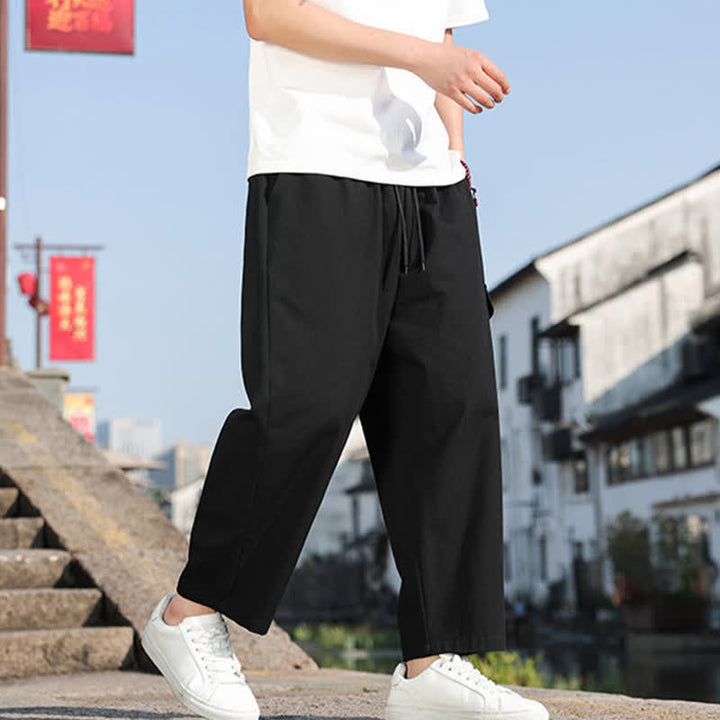 Buddha Stones Pantalon harem d'été décontracté pour homme, à cordon de serrage, brodé et avec poches - image 5