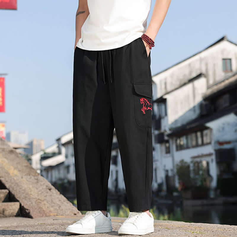 Buddha Stones Pantalon harem d'été décontracté pour homme, à cordon de serrage, brodé et avec poches - image 6