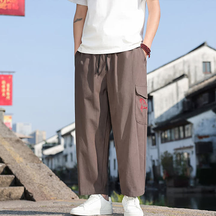 Buddha Stones Pantalon harem d'été décontracté pour homme, à cordon de serrage, brodé et avec poches - image 15