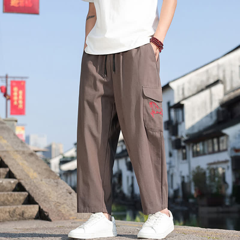 Buddha Stones Pantalon harem d'été décontracté pour homme, à cordon de serrage, brodé et avec poches - image 14