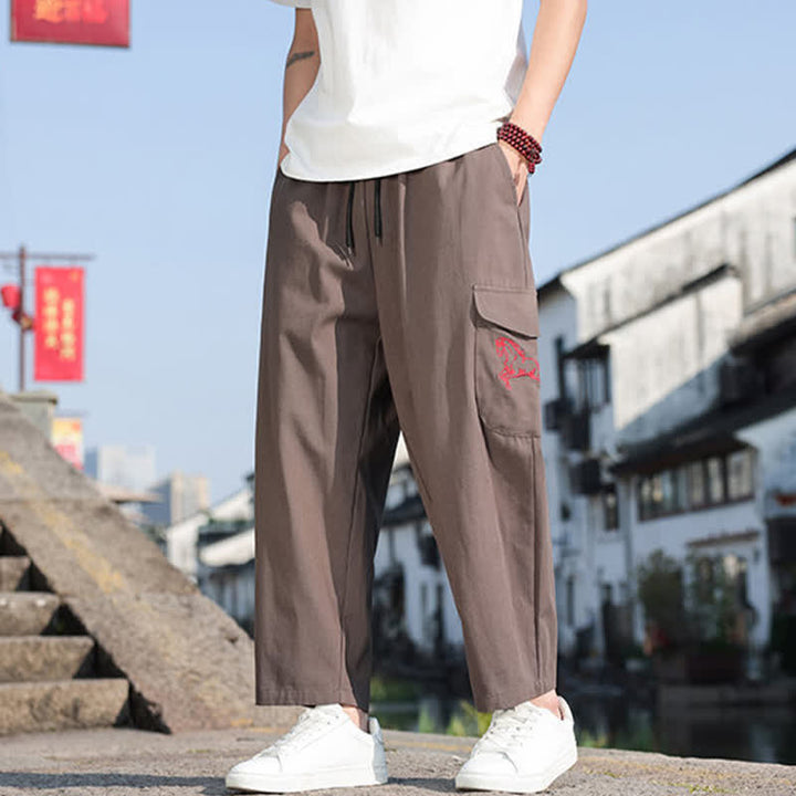 Buddha Stones Pantalon harem d'été décontracté pour homme, à cordon de serrage, brodé et avec poches - image 14
