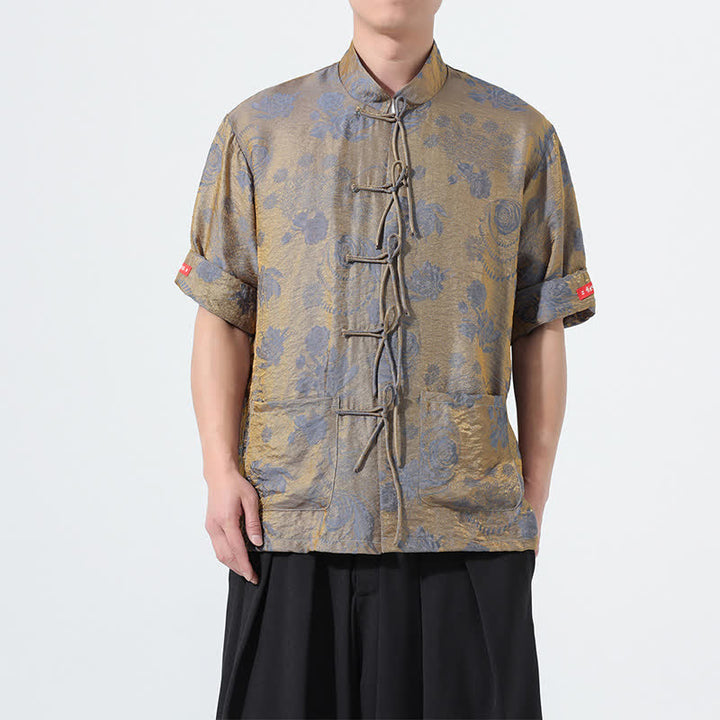 Buddha Stones Chemise d'été pour homme à manches courtes, col mandarin, jacquard floral, style Tang, avec poches - Gris - US/UK/AU46，EU56 (5XL) - image 0