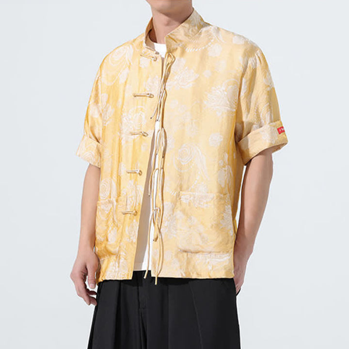 Buddha Stones Chemise d'été pour homme à manches courtes, col mandarin, jacquard floral, style Tang, avec poches - image 20