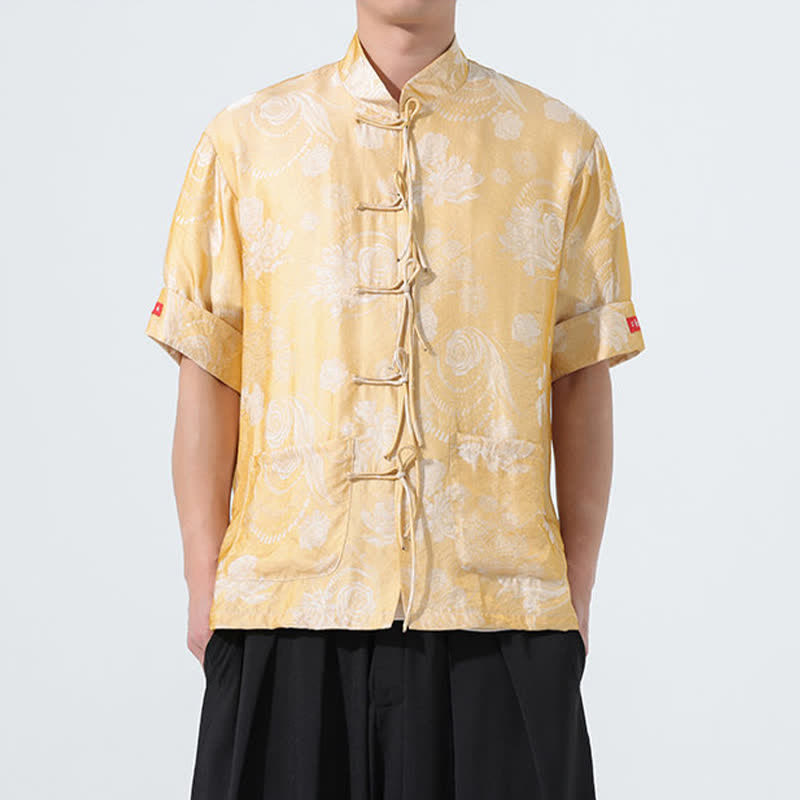 Buddha Stones Chemise d'été pour homme à manches courtes, col mandarin, jacquard floral, style Tang, avec poches - DarkKhaki - US/UK/AU46，EU56 (5XL) - image 13