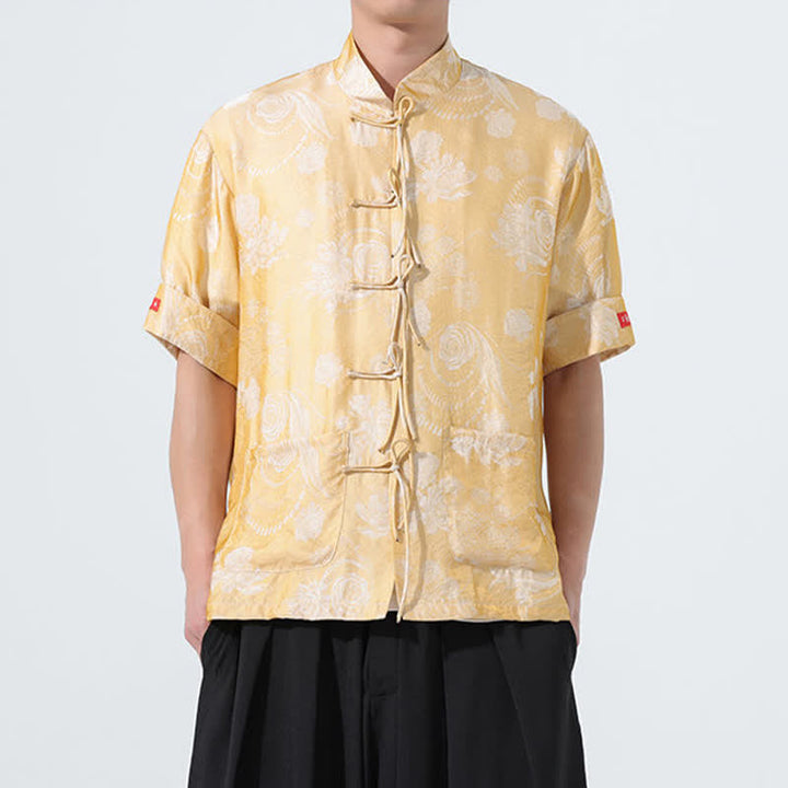 Buddha Stones Chemise d'été pour homme à manches courtes, col mandarin, jacquard floral, style Tang, avec poches - DarkKhaki - US/UK/AU46，EU56 (5XL) - image 13