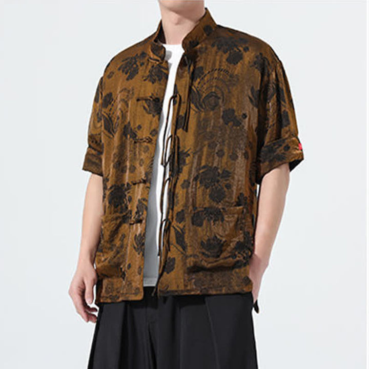 Buddha Stones Chemise d'été pour homme à manches courtes, col mandarin, jacquard floral, style Tang, avec poches - image 26