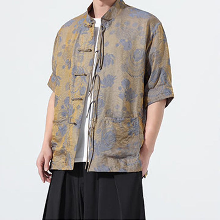 Buddha Stones Chemise d'été pour homme à manches courtes, col mandarin, jacquard floral, style Tang, avec poches - image 7